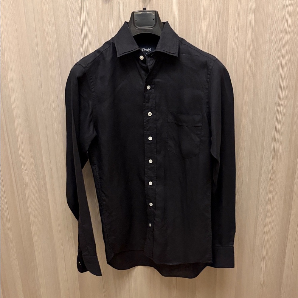 Drake's - Black Linen Spread Collar Shirt - Size S